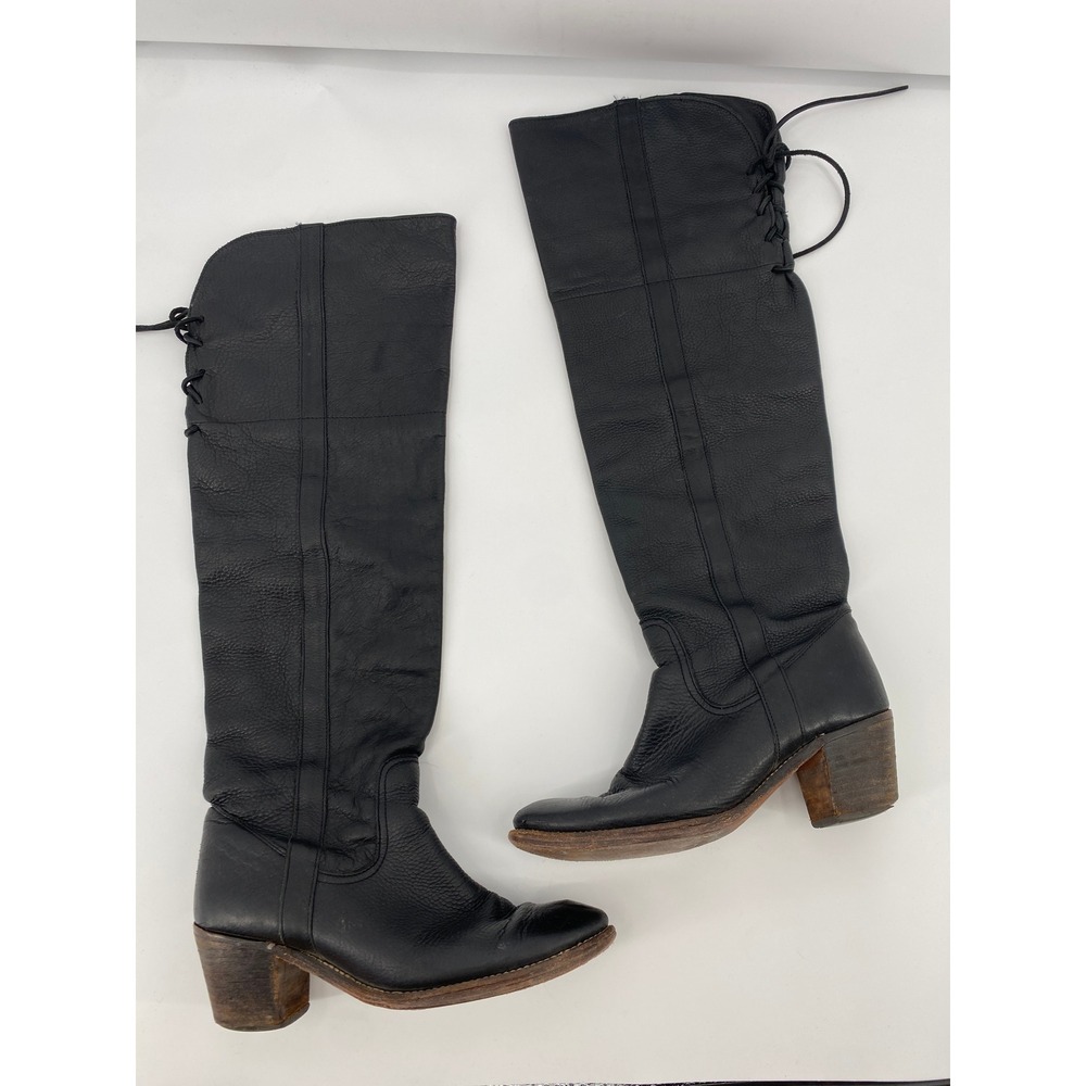 Free People Tall Lace Up Boots Women 38 Black Leather Block Heel‎ Over The Knee
